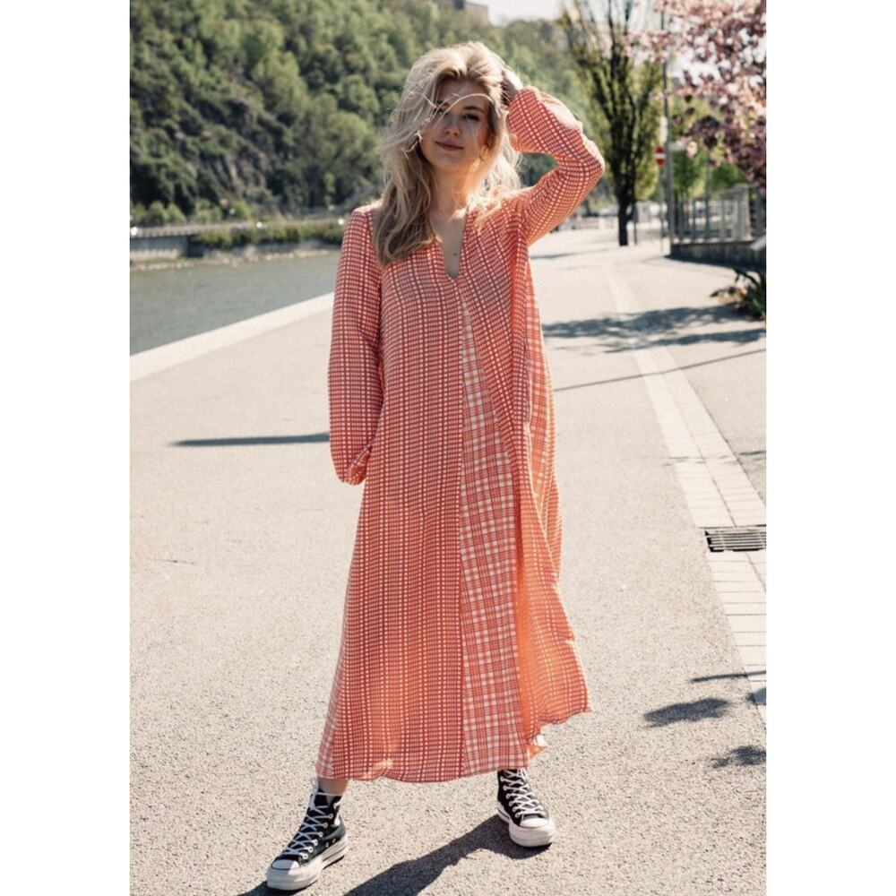 EUC $350 Stine Goya Leila Plaid Orange Midi Dress